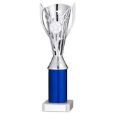SILVER/BLUE PLASTIC 'FLASH' CUP ASSEMBLED ON MARBLE (1in CEN) - 10in